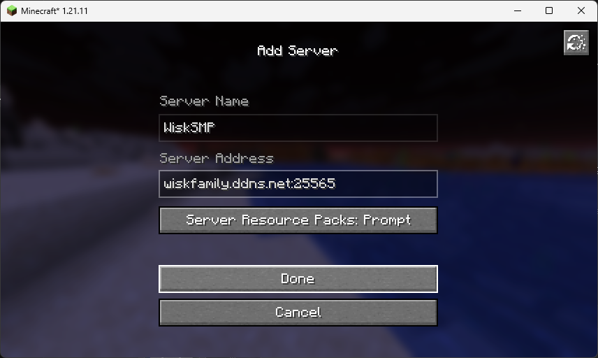 Minecraft add server screen with WiskSMP address
