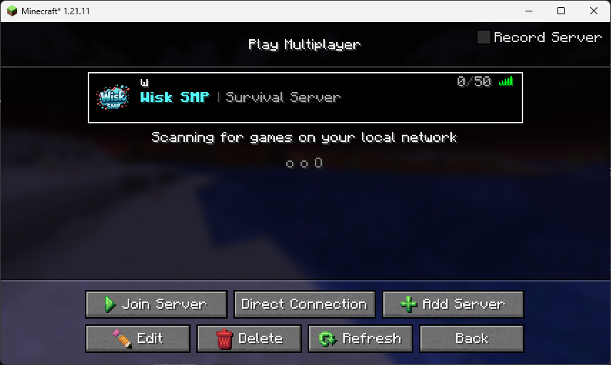 Wisk SMP server in Minecraft server list